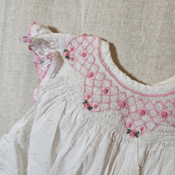 Sweet Southern Smock White Swiss Dot Pink Rose Smocking Ruffle Sleeve Girl 2T - Picture 3 of 9
